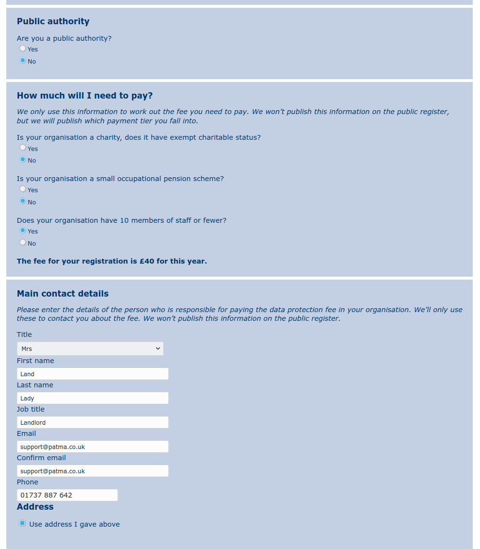Screenshot for example landlord ICO registration