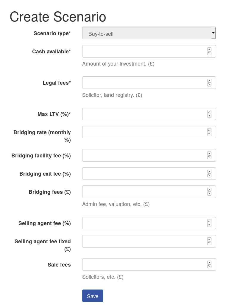 Screenshot of buy-to-sell scenario finance form