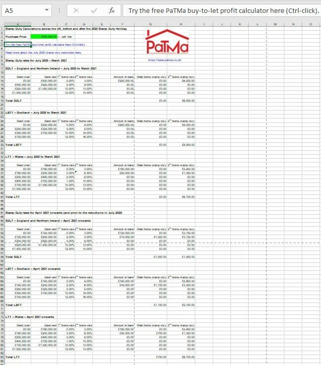 Free stamp duty calculating spreadsheet screenshot